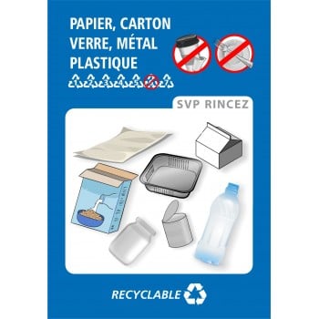 Affiche de recyclage: Papier, carton, verre, métal, plastique