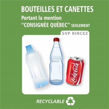 Affiche carré de recyclage: Bouteilles et canettes