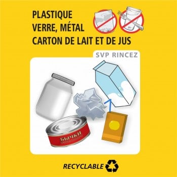 Affiche carré de recyclage: Plastique, verre, métal, carton de lait et de jus