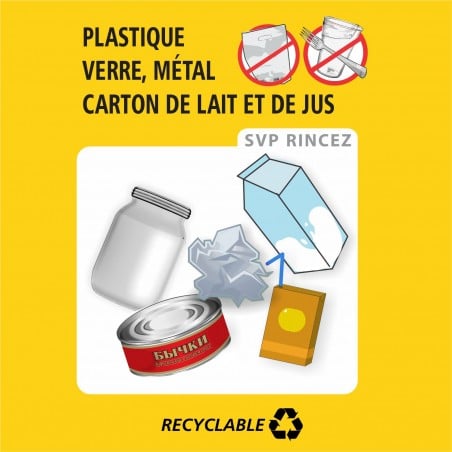 Affiche carré de recyclage: Plastique, verre, métal, carton de lait et de jus