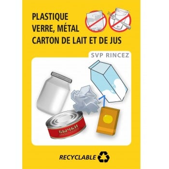 Affiche de recyclage: Plastique, verre, métal, carton de lait et de jus