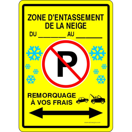 Affiche de stationnement hivernal avec DATE PERSONNALISABLE: Zone d'entassement de la neige