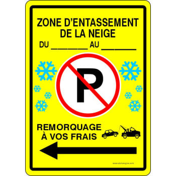 Affiche de stationnement hivernal avec DATE PERSONNALISABLE: Zone d'entassement de la neige, flèche vers la gauche