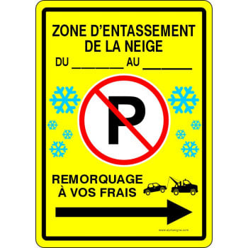 Affiche de stationnement hivernal avec DATE PERSONNALISABLE: Zone d'entassement de la neige, flèche vers la droite