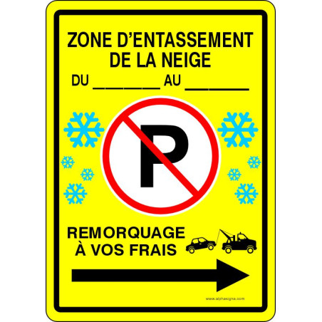 Affiche de stationnement hivernal avec DATE PERSONNALISABLE: Zone d'entassement de la neige, flèche vers la droite