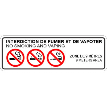 Étiquette autocollante bilingue: Interdiction de fumer et vapoter: zone de 9 mètres