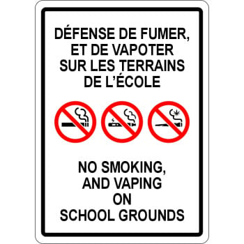 Affiche bilingue défense de fumer, vapoter et cannabis sur les terrains de l'école