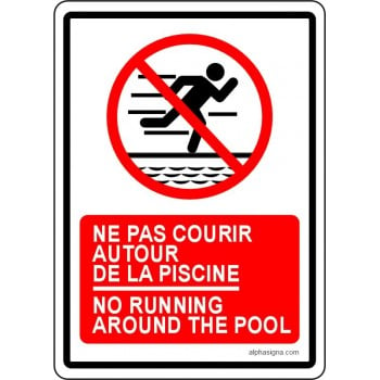 Affiche de sécurité pour piscine bilingue: ne pas courir autour de la piscine