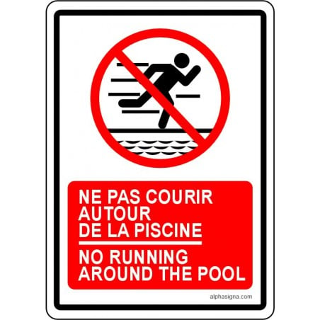 Affiche de sécurité pour piscine bilingue: ne pas courir autour de la piscine