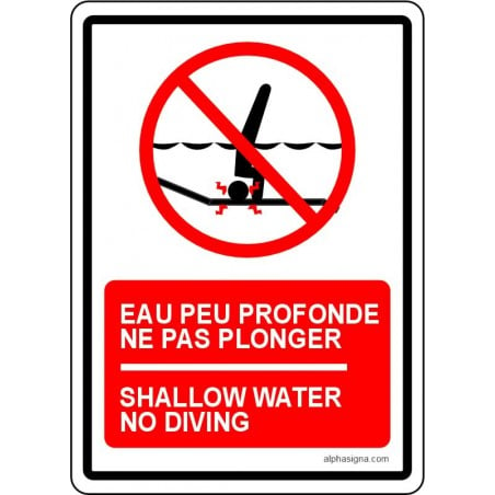 Affiche de sécurité pour piscine bilingue: eau peu profonde, ne pas plonger