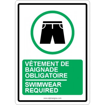 Affiche de sécurité bilingue pour piscine : vêtement de baignade obligatoire