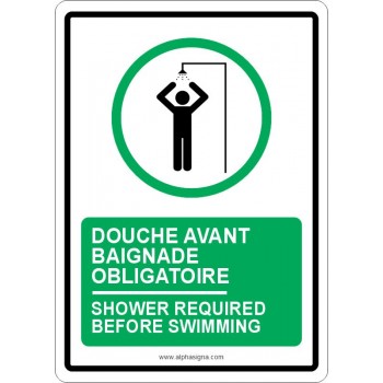 Affiche de sécurité bilingue pour piscine : douche avant baignade obligatoire