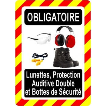 Pancarte d'équipement de protection individuelle: Obligatoire, Lunettes, protection auditive double et bottes