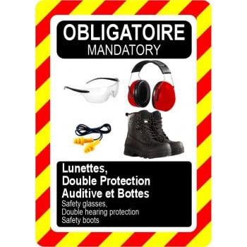 Pancarte bilingue d'équipement de protection individuelle : Obligatoire, Lunettes, protection auditive double et bottes