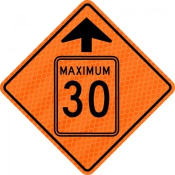Panneau de travaux routiers qui indique l'arrivée d'une limite de vitesse de 30 km/h