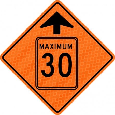 Panneau de travaux routiers qui indique l'arrivée d'une limite de vitesse de 30 km/h