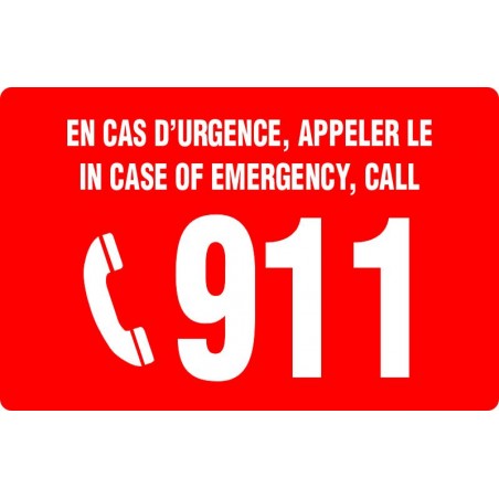 Affiche de sécurité standard bilingue: En cas d'urgence, appeler le 911 / in case of emergency, call 911