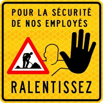 Pancarte d'avertissement: Ralentissez pour la sécurité de nos employés avec pictogramme