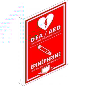 Affiche de sécurité ROUGE pour défibrillateur ou seringue de type EpiPen (en forme de L)