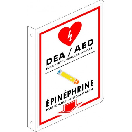 Affiche de sécurité BLANCHE pour défibrillateur ou seringue de type EpiPen (en forme de L)
