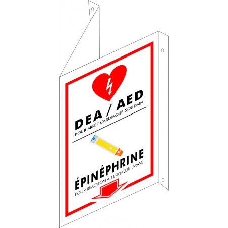Affiche de sécurité BLANCHE pour défibrillateur ou seringue de type EpiPen (En forme de V)