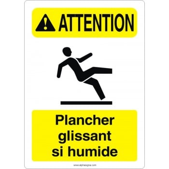 Affiche de sécurité aux normes OSHA-ANSI: ATTENTION plancher glissant si humide