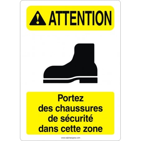 Affiche de sécurité aux normes OSHA-ANSI: ATTENTION portez des chaussures de sécurité dans cette zone