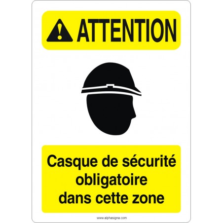 Affiche de sécurité aux normes OSHA-ANSI: ATTENTION casque de sécurité obligatoire dans cette zone