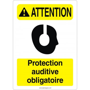 Affiche de sécurité aux normes OSHA-ANSI: ATTENTION protection auditive obligatoire