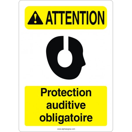 Affiche de sécurité aux normes OSHA-ANSI: ATTENTION protection auditive obligatoire
