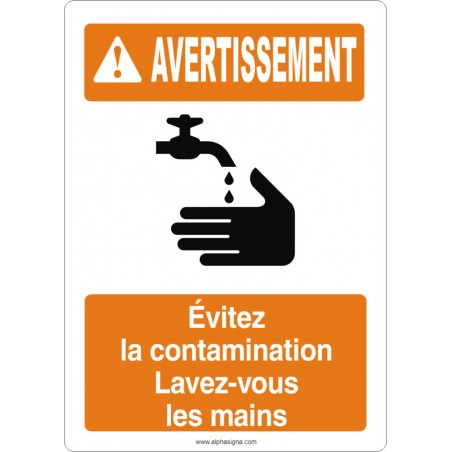 Affiche de sécurité aux normes OSHA-ANSI: AVERTISSEMENT éviter la contamination lavez-vous les mains