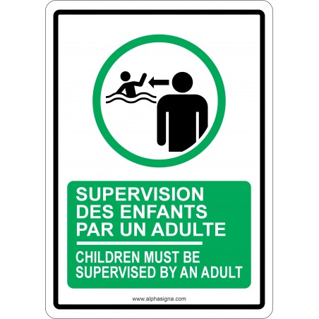 Affiche de sécurité bilingue pour piscine : supervision des enfants par un adulte obligatoire