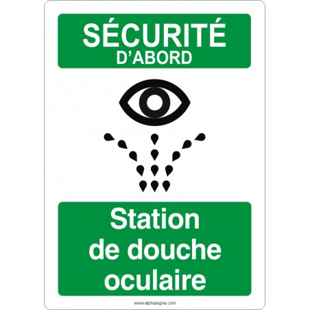 Affiche de sécurité aux normes OSHA-ANSI: SÉCURITÉ D'ABORD station de douche oculaire