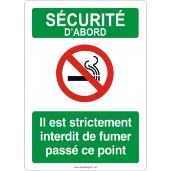 Affiche de sécurité aux normes OSHA-ANSI: SÉCURITÉ D'ABORD il est strictement interdit de fumer passer ce point