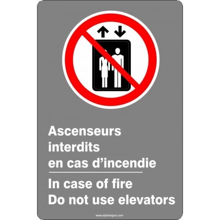 Affiche de sécurité aux normes CSA bilingue: Ascenseurs interdits en cas d'incendie