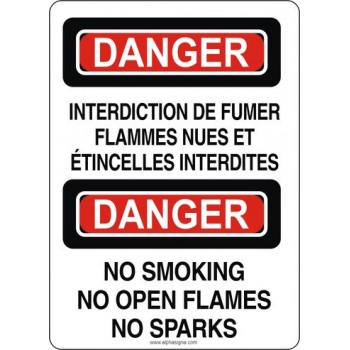 Affiche de sécurité standard bilingue: Interdiction de fumer flammes nues et étincelles interdites