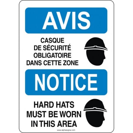 Affiche de sécurité standard bilingue: AVIS casque de sécurité obligatoire dans cette zone