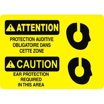 Affiche de sécurité standard bilingue: ATTENTION protection auditive obligatoire dans cette zone