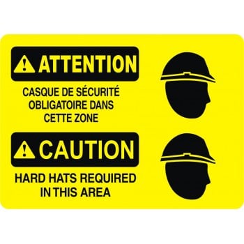 Affiche de sécurité standard bilingue: ATTENTION casque de sécurité obligatoire dans cette zone