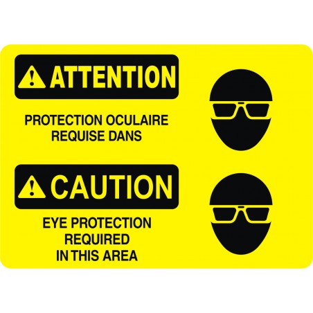 Affiche de sécurité standard bilingue: ATTENTION protection oculaire obligatoire dans cette zone