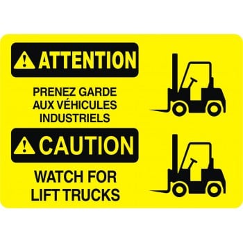 Affiche de sécurité standard bilingue: ATTENTION prenez garde aux véhicules industriels