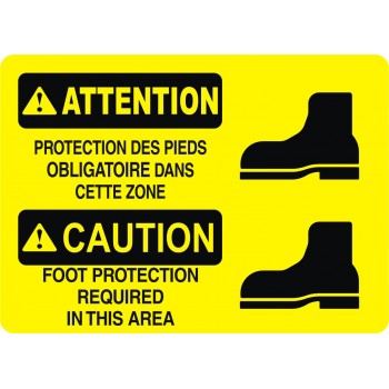 Affiche de sécurité standard bilingue: ATTENTION protection des pieds obligatoire dans cette zone
