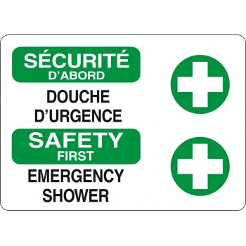 Affiche de sécurité standard bilingue: SÉCURITÉ D'ABORD douche d'urgence
