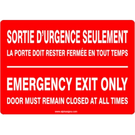 Affiche de sécurité standard bilingue: INCENDIE sortie d'urgence seulement