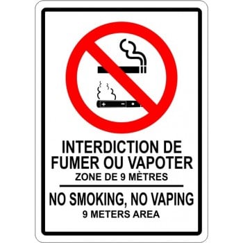 Affiche bilingue : Interdiction de fumer ou vapoter zone de 9 mètres