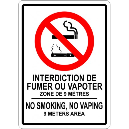 Affiche bilingue : Interdiction de fumer ou vapoter zone de 9 mètres