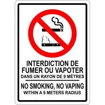 Affiche bilingue : Interdiction de fumer ou vapoter dans un rayon de 9 mètres