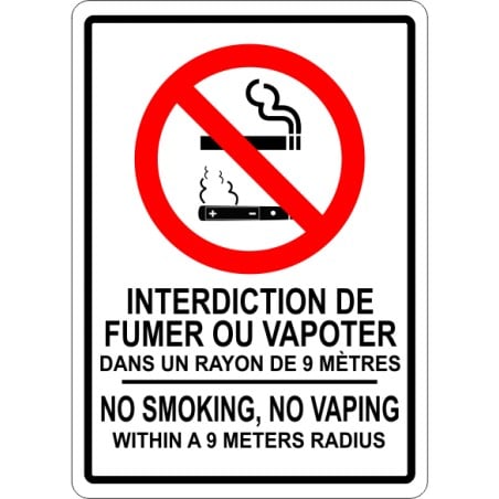 Affiche bilingue : Interdiction de fumer ou vapoter dans un rayon de 9 mètres