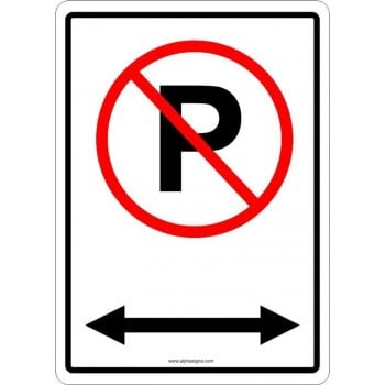 Affiche de stationnement avec pictogramme : Stationnement interdit avec flèche double sens