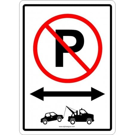 Affiche de stationnement avec pictogramme : Stationnement interdit et remorquage avec flèche double sens